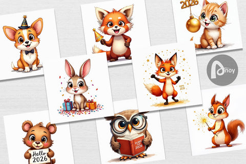 Digital Paper Big-Eyed New Year's Animal Party 2026 Digital Pattern artnoy 