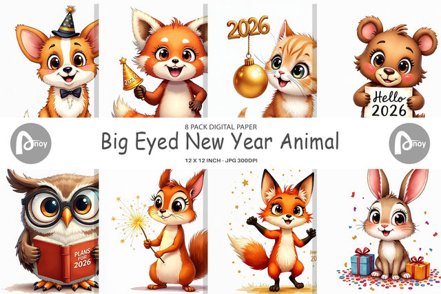 Digital Paper Big-Eyed New Year's Animal Party 2026 Digital Pattern artnoy 