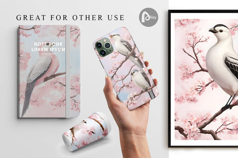Digital Paper Bird and Cherry Blossoms Digital Pattern artnoy 