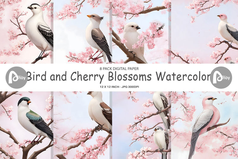 Digital Paper Bird and Cherry Blossoms Digital Pattern artnoy 