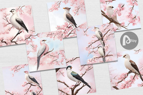 Digital Paper Bird and Cherry Blossoms Digital Pattern artnoy 
