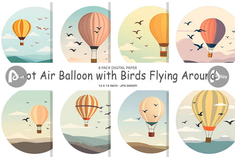 Digital Paper Bird Hot Air Balloon Digital Pattern artnoy 