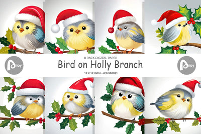 Digital Paper Bird on Holly Branch Digital Pattern artnoy 