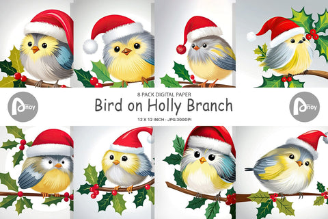 Digital Paper Bird on Holly Branch Digital Pattern artnoy 