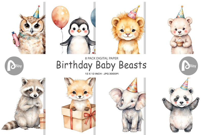 Digital Paper Birthday Baby Beasts Digital Pattern artnoy 