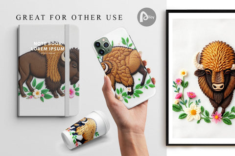Digital Paper Bison Embroidery Digital Pattern artnoy 
