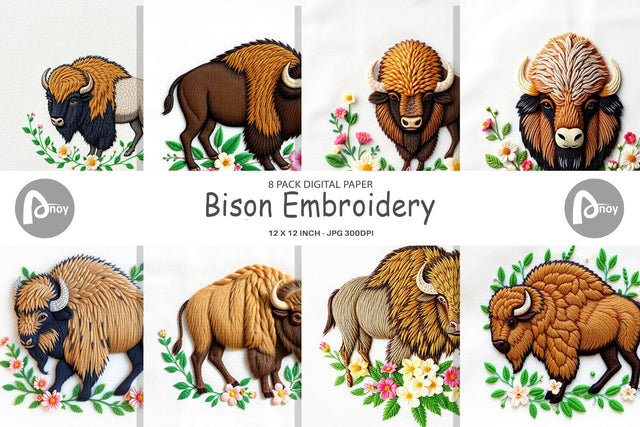 Digital Paper Bison Embroidery Digital Pattern artnoy 