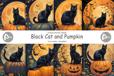 Digital Paper Black Cat and Pumpkin Digital Pattern artnoy 
