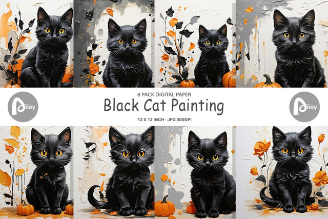 Digital Paper Black Cat Painting Digital Pattern artnoy 