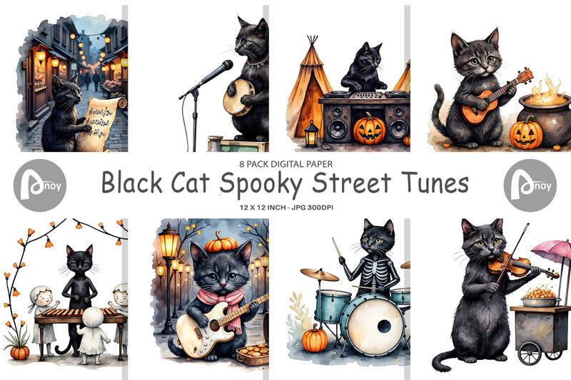 Digital Paper Black Cat Tunes Digital Pattern artnoy 