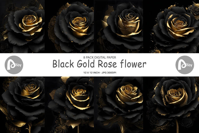 Digital Paper Black Gold Rose flower Digital Pattern artnoy 
