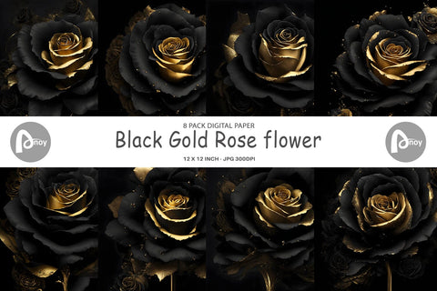 Digital Paper Black Gold Rose flower Digital Pattern artnoy 