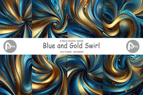 Digital Paper Blue and Gold Swirl Digital Pattern artnoy 
