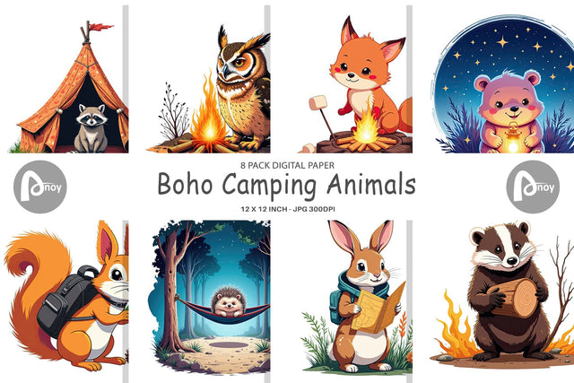 Digital Paper Boho Camping Animals Sublimation artnoy 