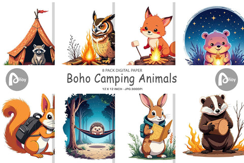 Digital Paper Boho Camping Animals Sublimation artnoy 