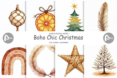 Digital Paper Boho Chic Watercolor Christmas & Ornaments Digital Pattern artnoy 