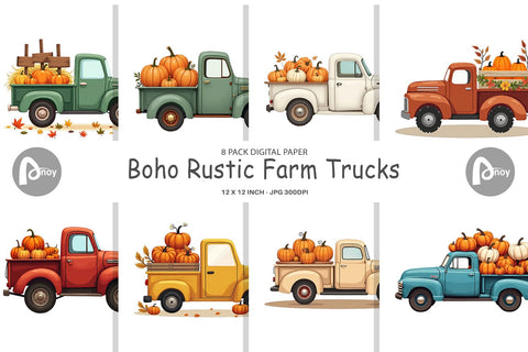 Digital Paper Boho Farm Trucks Digital Pattern artnoy 