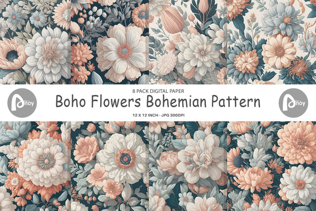 Digital Paper Boho Flowers Bohemian Digital Pattern artnoy 