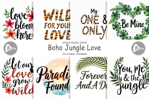 Digital Paper Boho Jungle Love Tropical Valentine Quotes Digital Pattern artnoy 
