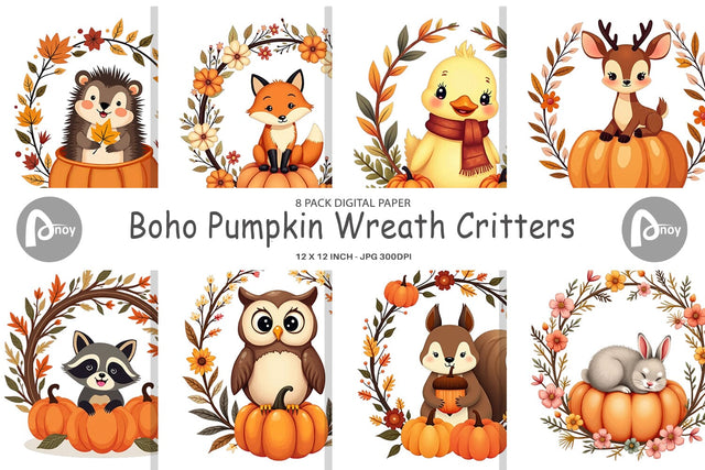Digital Paper Boho Pumpkin Critters Digital Pattern artnoy 