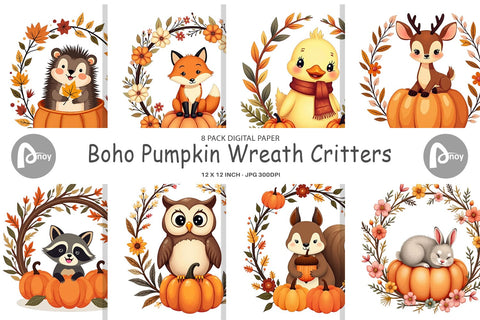 Digital Paper Boho Pumpkin Critters Digital Pattern artnoy 