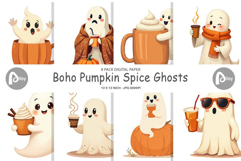 Digital Paper Boho Pumpkin Ghosts Digital Pattern artnoy 
