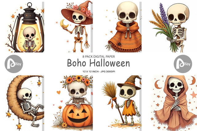 Digital Paper Boho Skeleton Halloween Digital Pattern artnoy 