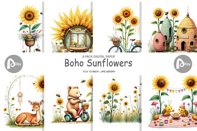 Digital Paper Boho Sunflowers Digital Pattern artnoy 