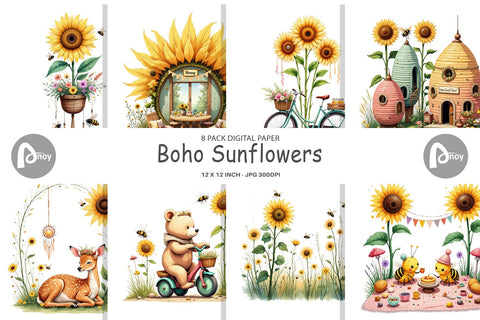 Digital Paper Boho Sunflowers Digital Pattern artnoy 