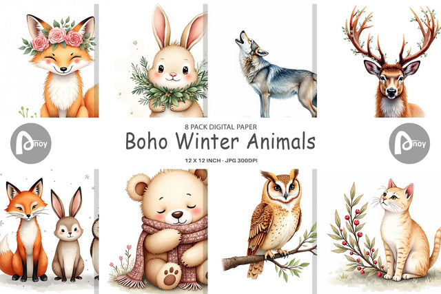 Digital Paper Boho Winter Animals Digital Pattern artnoy 
