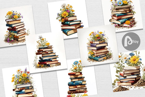 Digital Paper Books and Flowers Digital Pattern artnoy 