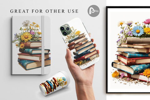 Digital Paper Books and Flowers Digital Pattern artnoy 