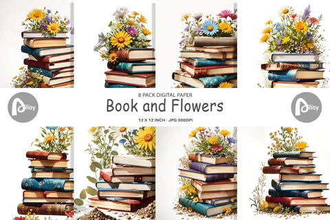 Digital Paper Books and Flowers Digital Pattern artnoy 