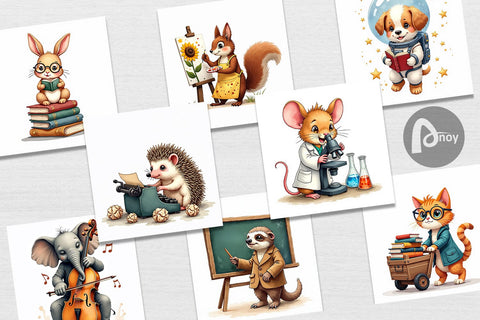 Digital Paper Brainy Buddies Scholarly Animals Watercolor Digital Pattern artnoy 