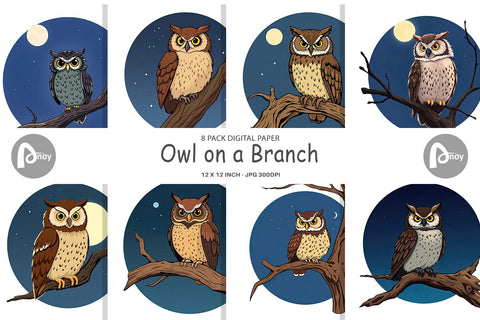 Digital Paper Branch Owl Digital Pattern artnoy 