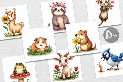 Digital Paper Bug-Eyed Spring Bloomers Watercolor Digital Pattern artnoy 