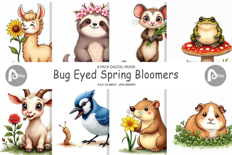 Digital Paper Bug-Eyed Spring Bloomers Watercolor Digital Pattern artnoy 