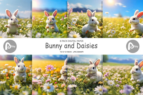 Digital Paper Bunny and Daisies Digital Pattern artnoy 