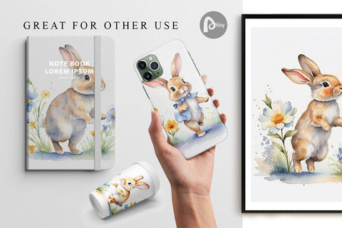 Digital Paper Bunny in Summer Watercolor Digital Pattern artnoy 