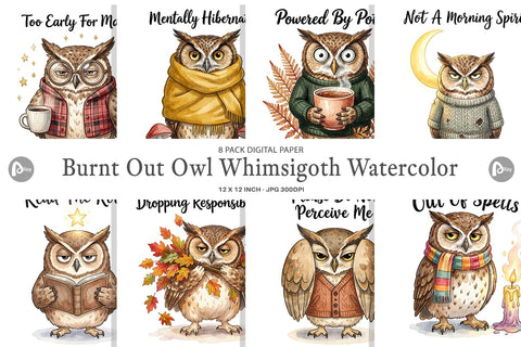 Digital Paper Burnt Out Owl Whimsigoth Watercolor Digital Pattern artnoy 