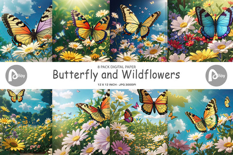 Digital Paper Butterfly and Wildflowers Digital Pattern artnoy 