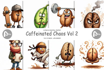 Digital Paper Caffeinated Chaos Sarcastic Coffee Bean Characters Digital Pattern artnoy 