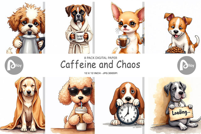 Digital Paper Caffeine & Chaos Morning Mood Sarcastic Dogs Digital Pattern artnoy 