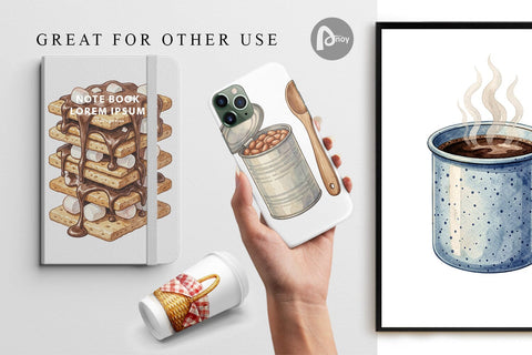 Digital Paper Campfire Cooking Nostalgia Watercolor Digital Pattern artnoy 