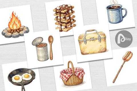Digital Paper Campfire Cooking Nostalgia Watercolor Digital Pattern artnoy 