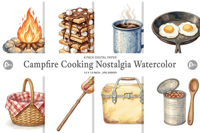 Digital Paper Campfire Cooking Nostalgia Watercolor Digital Pattern artnoy 