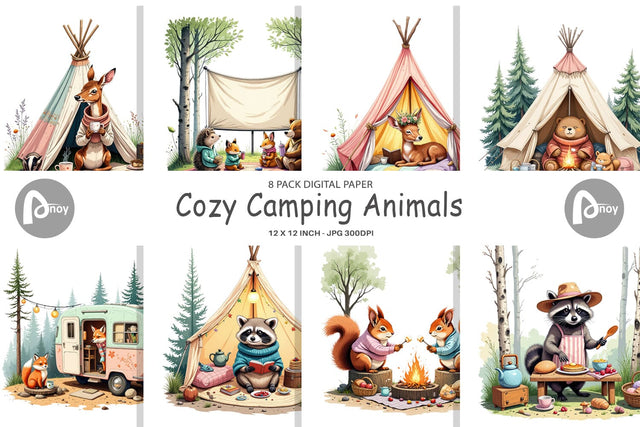 Digital Paper Camping Cozy Animals Digital Pattern artnoy 