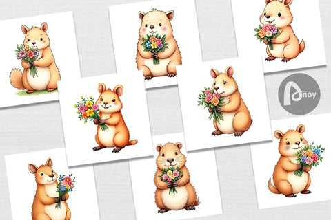 Digital Paper Capybara Spring Bouquet Digital Pattern artnoy 