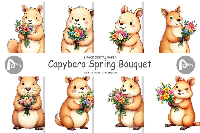 Digital Paper Capybara Spring Bouquet Digital Pattern artnoy 