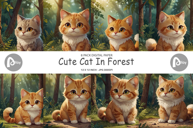 Digital Paper Cartoon Cat in Forest Digital Pattern artnoy 